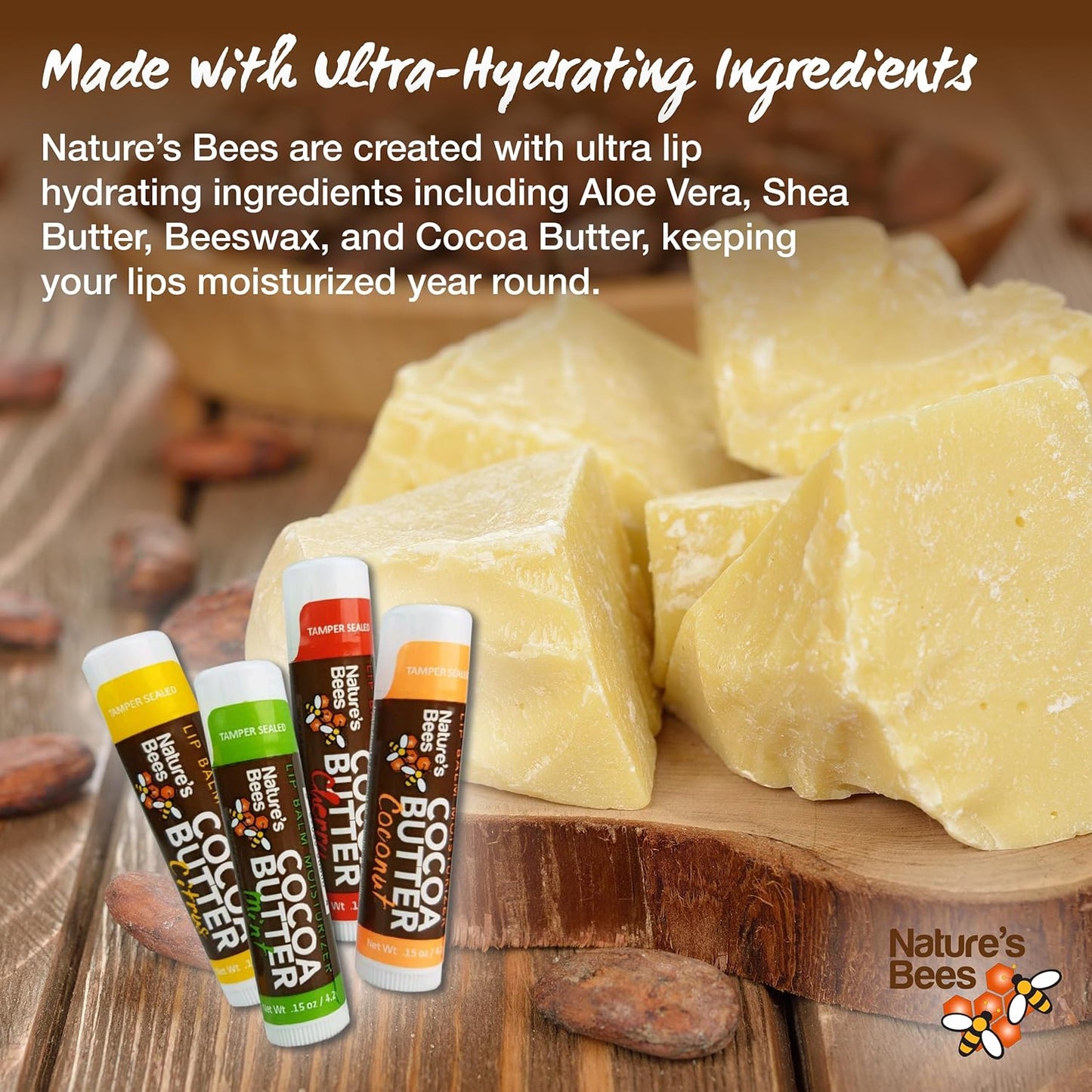 Nature's Bees Cocoa Butter Lip Balm Moisturizer, Shea Butter Flavor, Hydrating Lip Care for Dry Lips, Made in the USA with Coconut Oil, Beeswax, Vitamin E, and Aloe, 0.15 oz Each, 24 Pack